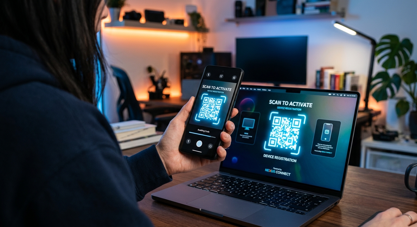 אישה משתמשת בסמארטפון כדי לסרוק קוד QR המופיע על מסך מחשב נייד לצורך רישום והפעלת מכשיר.